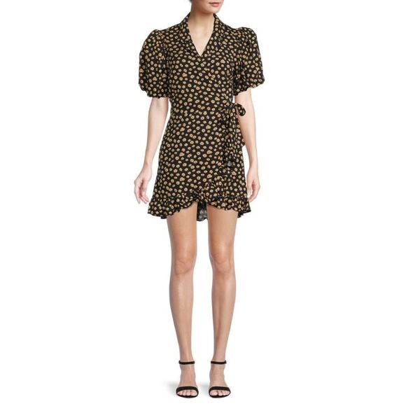 WeWoreWhat Women's Black Yellow Puff Sleeve Floral Wrap Mini Dress Size Medium - Picture 1 of 15